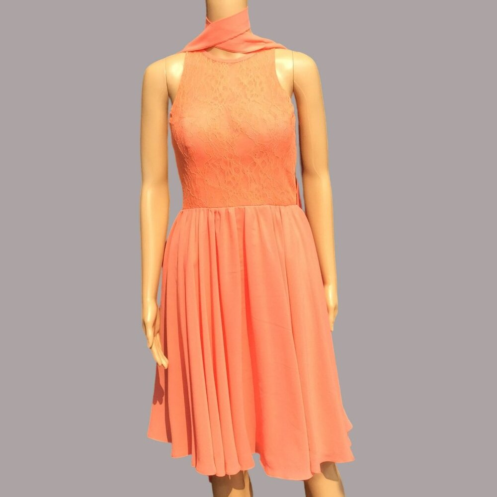 Cocomelody Size 2 Coral Sleeveless Dress Lace Chiffon Flowy‎ Fairy Beachy Halter